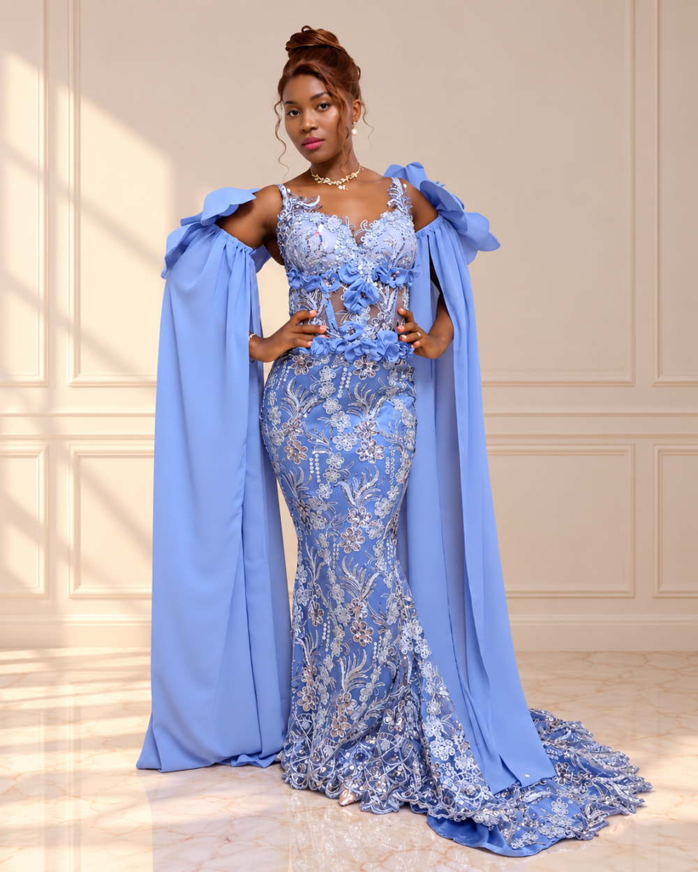 Robe de soirée couture bleu pervenche avec cape